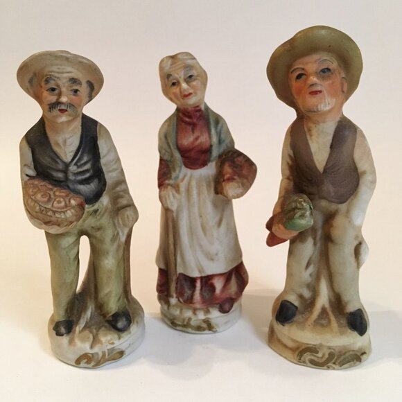 Asian Statue Figurine Men Woman Set 3 Painted Vintage Oriental Porcelain Pottery